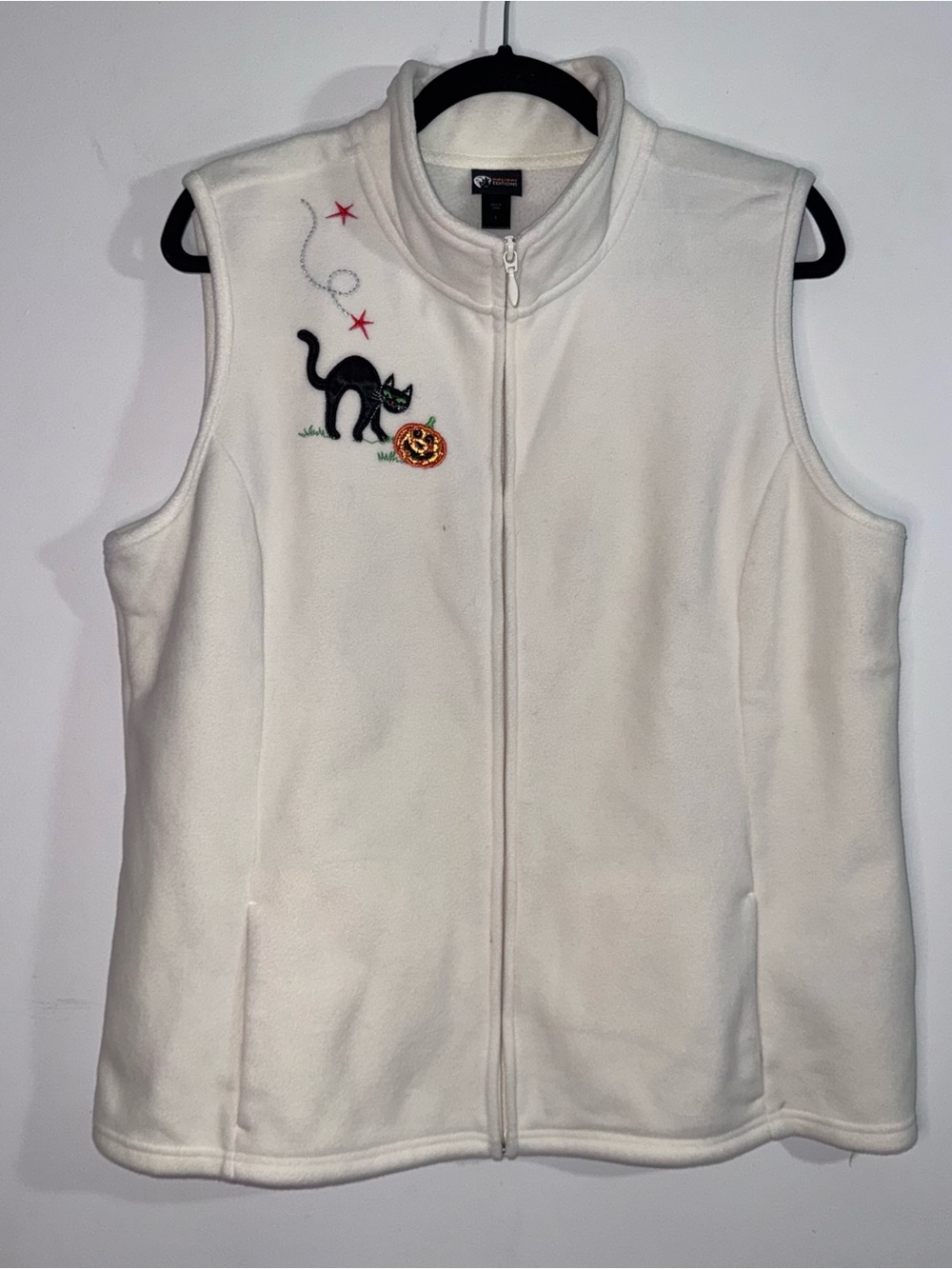 Holiday Editions Women’s L Halloween Fleece Vest Black Cat Pumpkin Zip Ivory